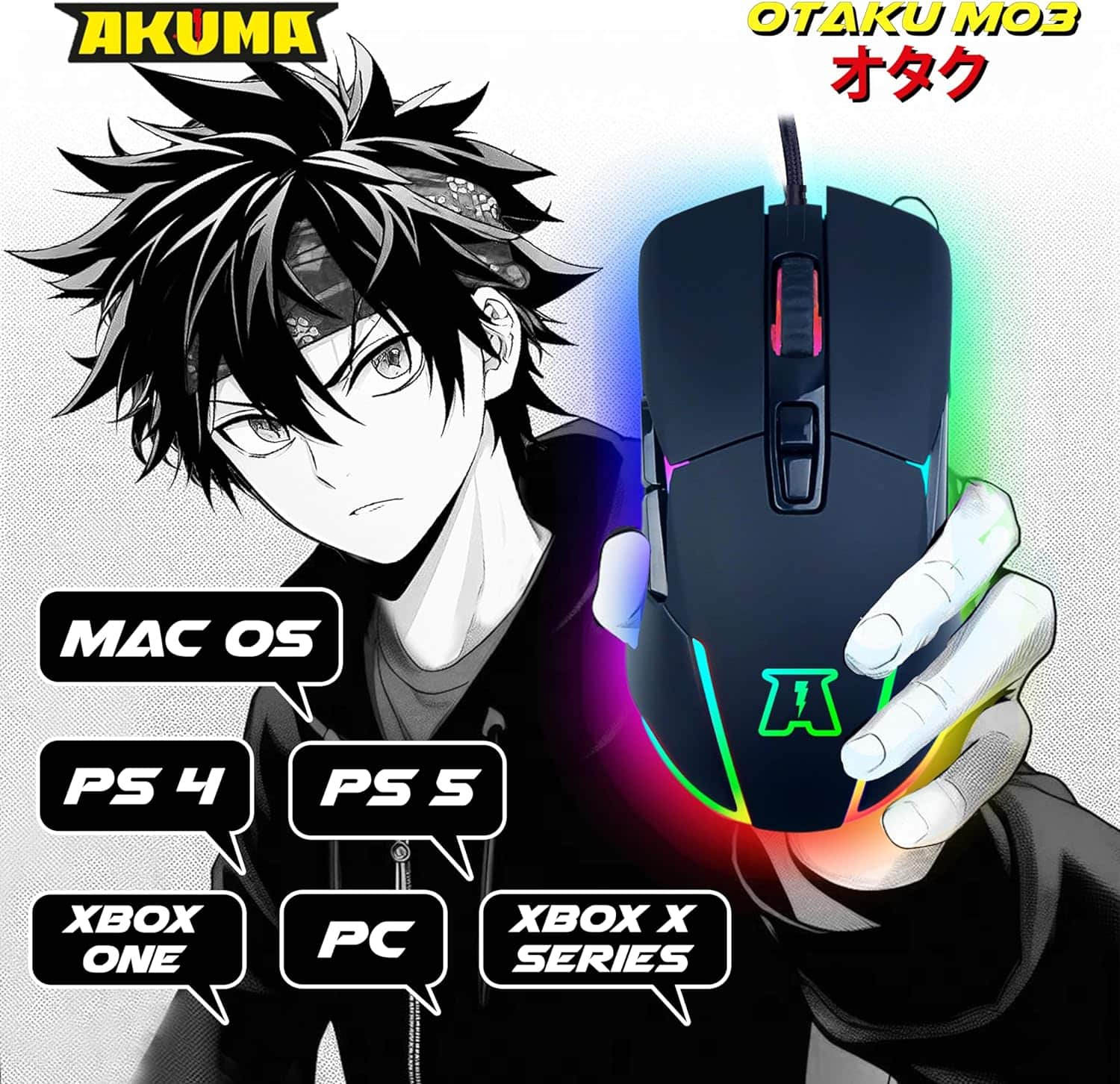 Descubre el AKUMA Otaku M03: un potente ratón para juegos con retroiluminación LED RGB, sensor óptico de 7200 DPI y 7 botones programables. Ligero, cómodo y compatible con PC/PS4/PS5/Xbox, es la elección ideal para los jugadores más exigentes.