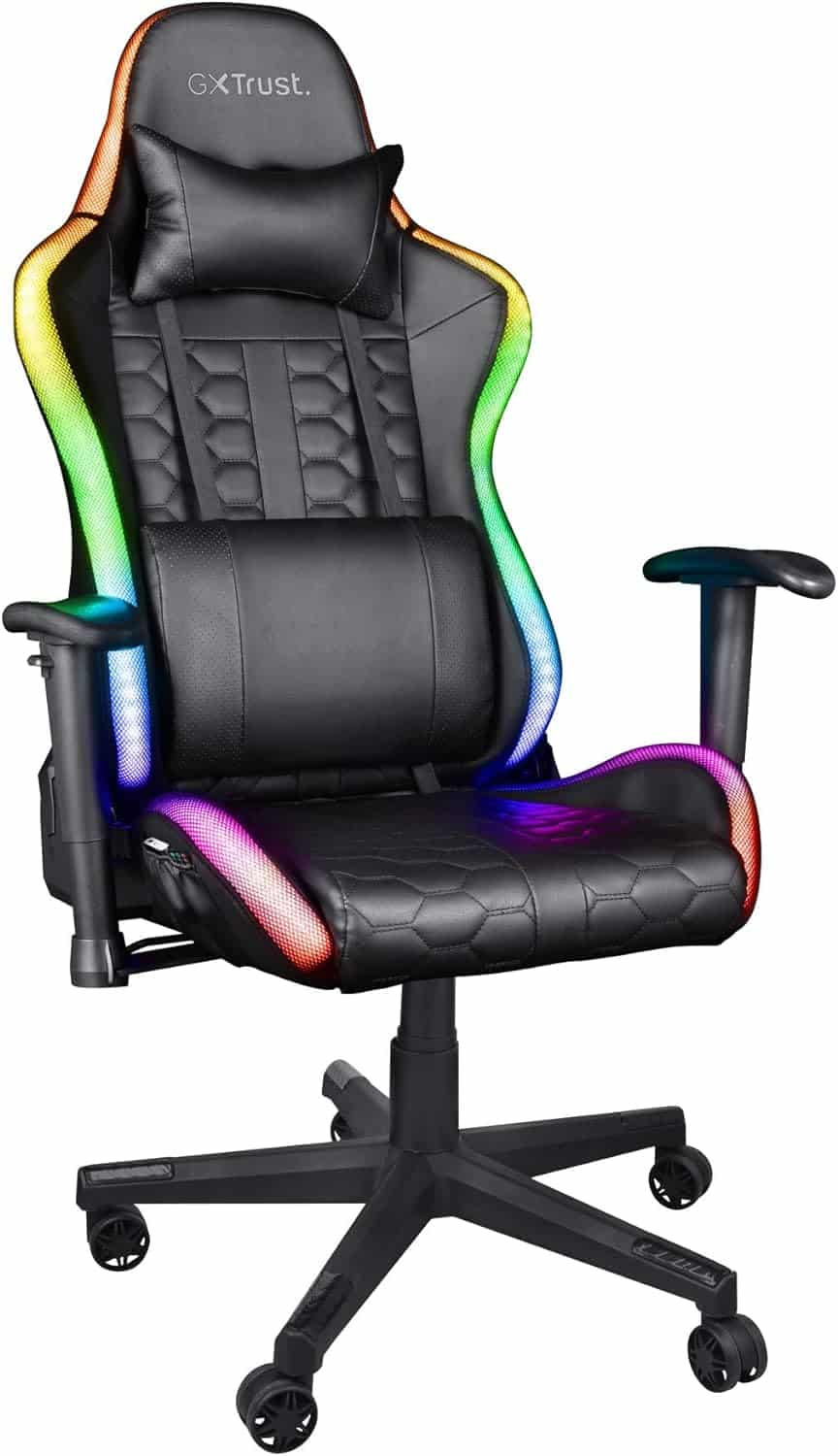 Diseño y Estética La Trust Gaming GXT 716 Rizza tiene un diseño inspirado en los asientos de carreras, con cuero PU y luces LED RGB alrededor del asiento y el respaldo. Está disponible en varios colores, ofreciendo una apariencia moderna y profesional. Ergonomía Esta silla ofrece un respaldo reclinable hasta 155 grados, reposabrazos 3D ajustables y cojines lumbar y cervical para un soporte completo. Características Adicionales La silla tiene una base de acero duradera y ruedas de poliuretano. Las luces LED son controlables mediante un mando a distancia y se alimentan a través de un puerto USB. Precio El precio de la Trust Gaming GXT 716 Rizza se sitúa entre 300-350 euros, posicionándola en un rango medio-alto.
