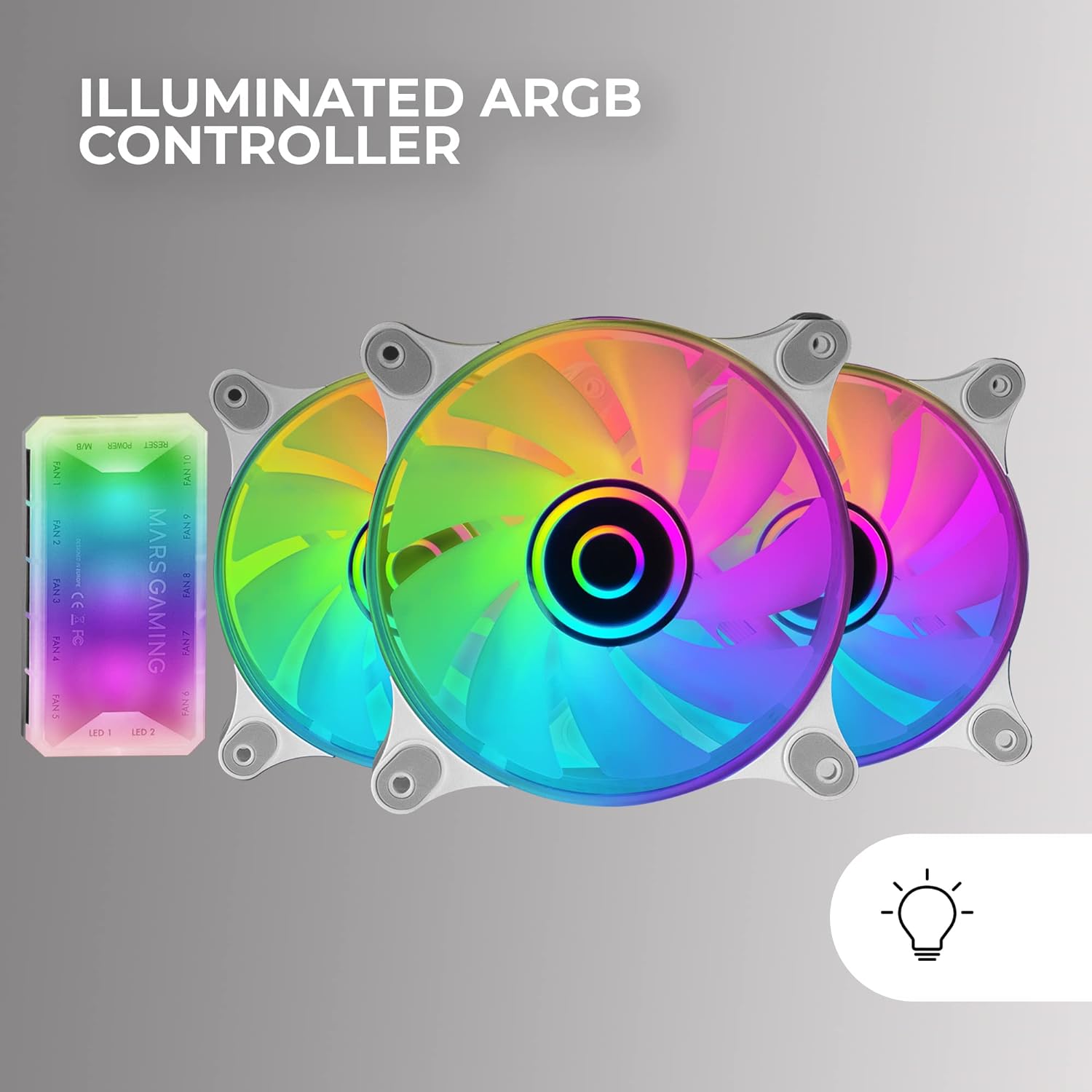 Mars Gaming MF-3DKIT Blanco, Kit 3 Ventiladores ARGB 360° 12cm, Espejo Infinito 3D, Sistema Anti-vibraciones, Controlador ARGB, Mando a Distancia RF, Compatibilidad Total