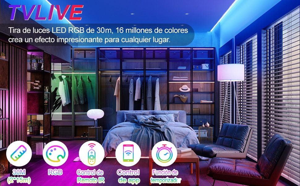 Tira Luces LED 30M Control APP TVLIVE
