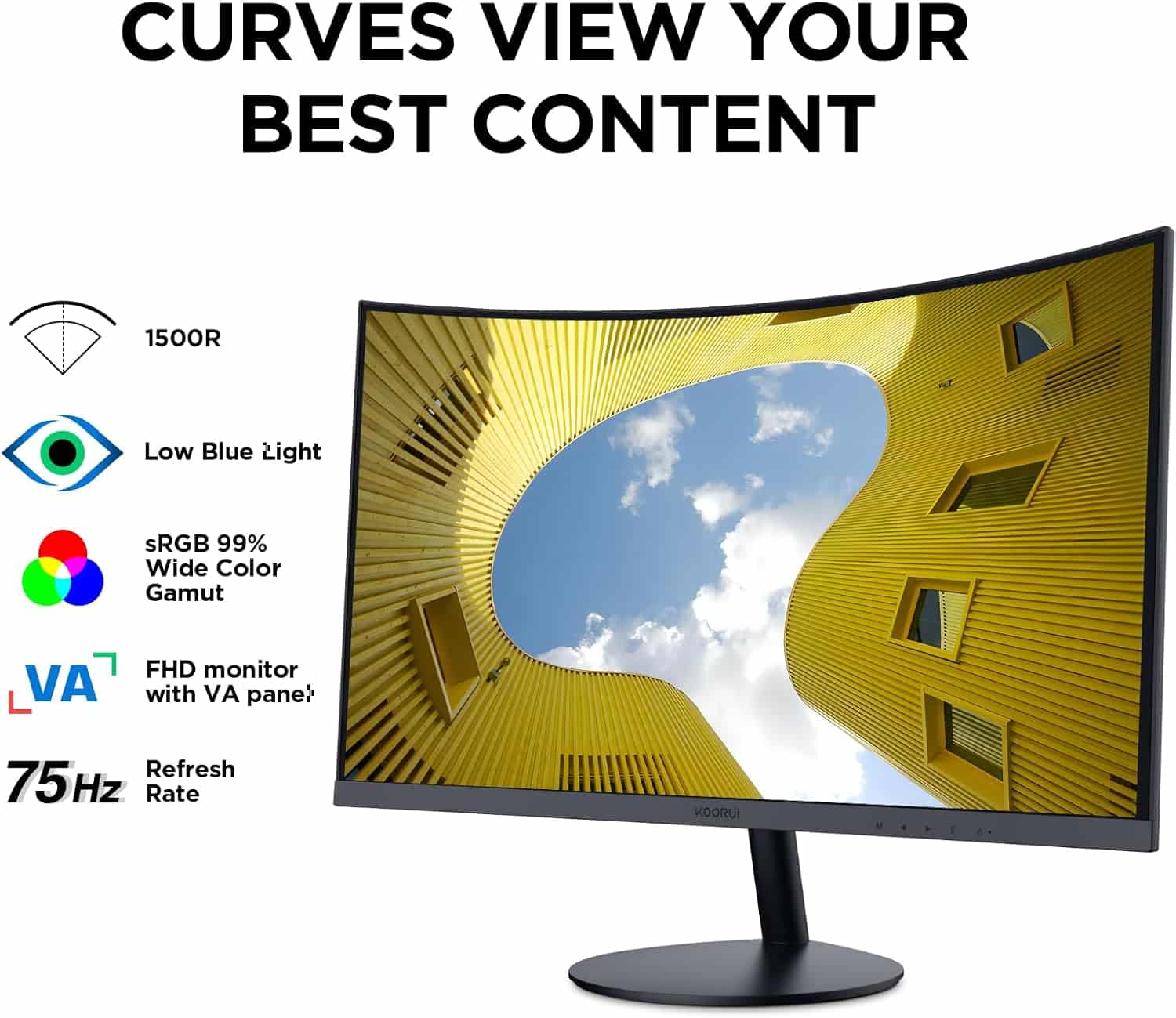 Monitor Curvo KOORUI 23.6'' FHD 60Hz | Ideal para Gaming y Multimedia | Pantalla VA, 1800R, Antirreflejo, Eye Ease, HDMI/VGA
