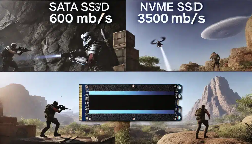 El rendimiento de un SSD SATA en juegos es generalmente bueno, pero si comparamos con un SSD NVMe, la diferencia es notable. Los SSD NVMe alcanzan velocidades de lectura que pueden superar los 3500 MB/s, en comparación con los aproximadamente 600 MB/s que ofrecen los SSD SATA.En el contexto de los videojuegos, estos números se traducen en menores tiempos de carga y un rendimiento más fluido, especialmente en juegos con mapas extensos o que requieren cargas frecuentes de texturas y otros elementos gráficos.Para aquellos que graban y editan gameplays, los SSD NVMe son esenciales, ya que permiten manejar archivos grandes con mayor eficacia y disminuyen el tiempo necesario para renderizar vídeos y realizar transferencias de archivos pesados.