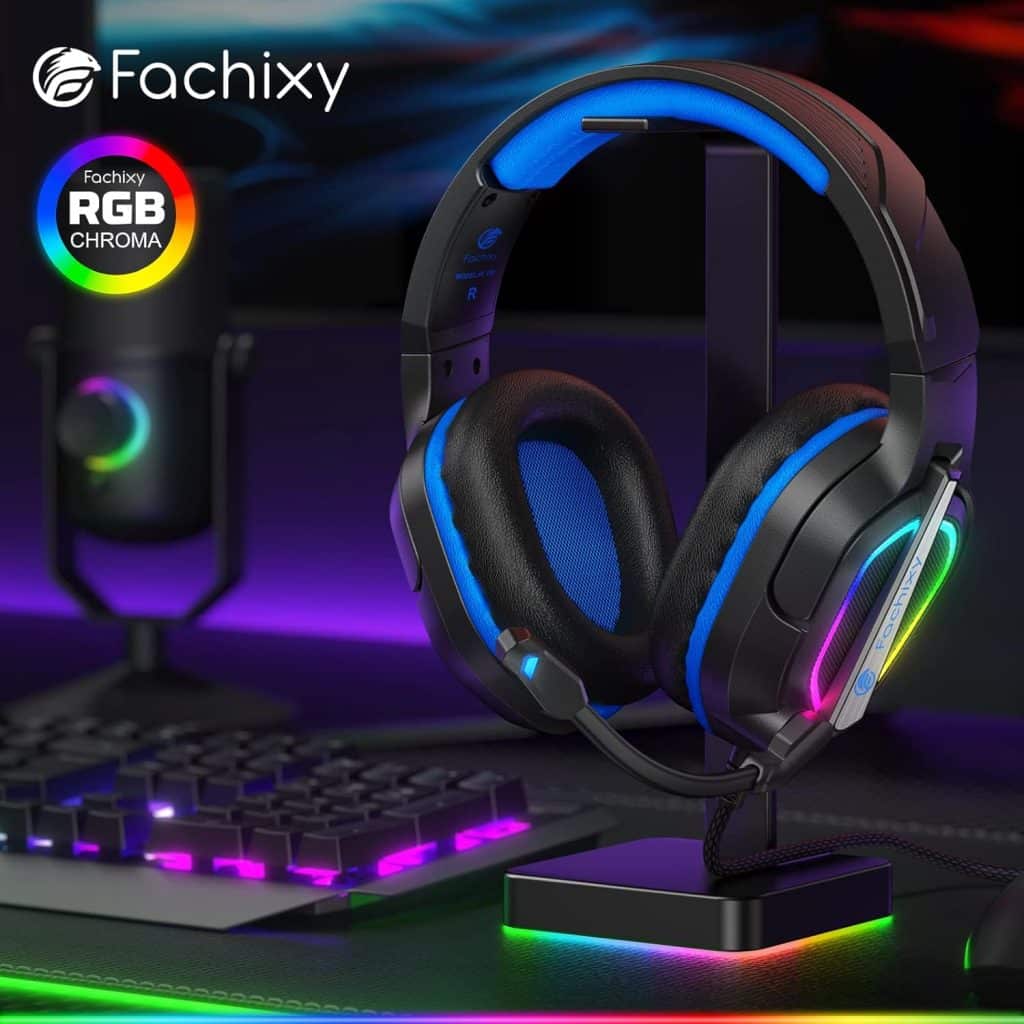 Fachixy 「2024 New」 FC200 Cascos Gaming para PS4/PS5/PC/Xbox One/Switch, Auriculares Gaming Cancelación de Ruido, Cascos con Microfono Estéreo Sonido, Cascos PS4 con 3.5mm Jack con Luz RGB (Azul)