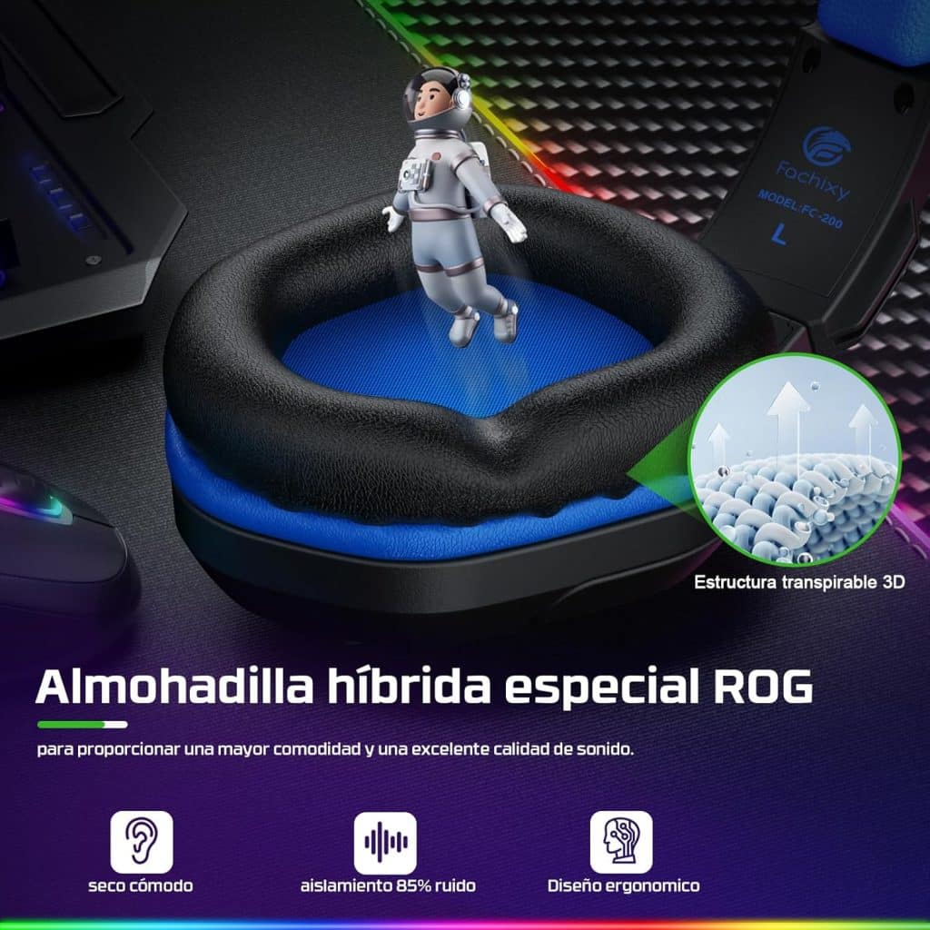 Fachixy 「2024 New」 FC200 Cascos Gaming para PS4/PS5/PC/Xbox One/Switch, Auriculares Gaming Cancelación de Ruido, Cascos con Microfono Estéreo Sonido, Cascos PS4 con 3.5mm Jack con Luz RGB (Azul)