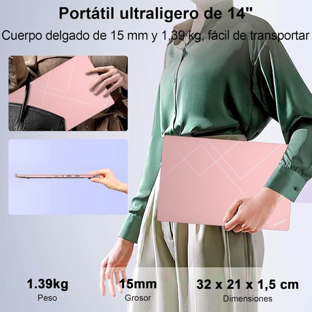 "Explora el portátil Ruzava RK70 de 14 pulgadas con procesador Celeron N5095, 8GB RAM, 256GB SSD ampliables a 1TB. Pantalla FHD, Wi-Fi 5G, teclado español, y diseño ligero en oro metálico. Ideal para estudiantes y tareas básicas con Windows 11 preinstalado. 🌟"