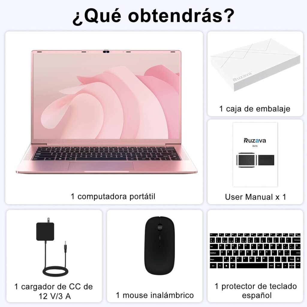 "Explora el portátil Ruzava RK70 de 14 pulgadas con procesador Celeron N5095, 8GB RAM, 256GB SSD ampliables a 1TB. Pantalla FHD, Wi-Fi 5G, teclado español, y diseño ligero en oro metálico. Ideal para estudiantes y tareas básicas con Windows 11 preinstalado. 🌟"