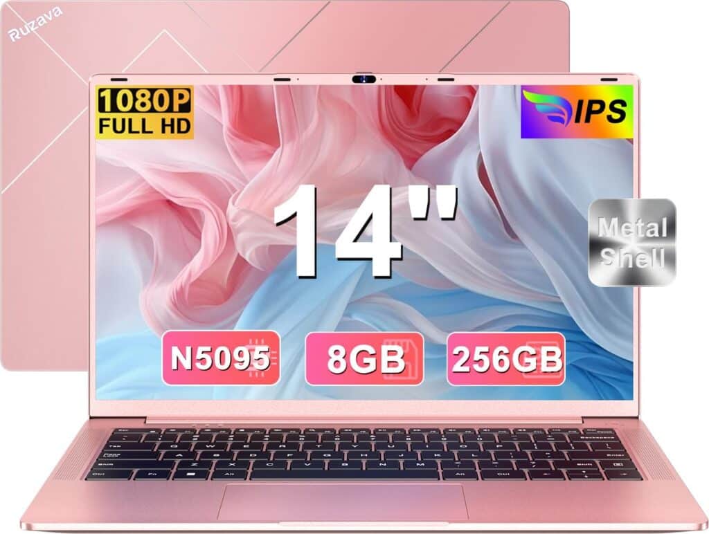 "Explora el portátil Ruzava RK70 de 14 pulgadas con procesador Celeron N5095, 8GB RAM, 256GB SSD ampliables a 1TB. Pantalla FHD, Wi-Fi 5G, teclado español, y diseño ligero en oro metálico. Ideal para estudiantes y tareas básicas con Windows 11 preinstalado. 🌟"