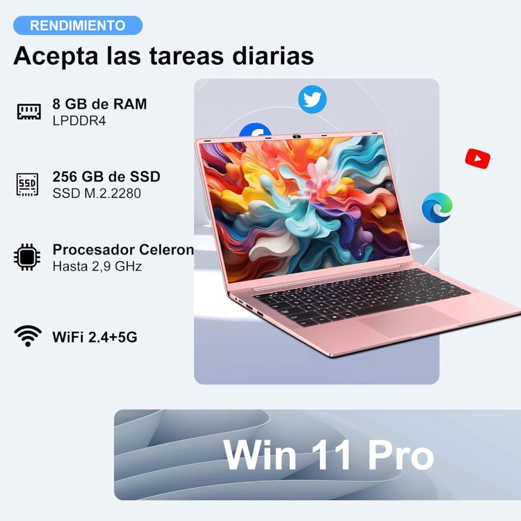 "Explora el portátil Ruzava RK70 de 14 pulgadas con procesador Celeron N5095, 8GB RAM, 256GB SSD ampliables a 1TB. Pantalla FHD, Wi-Fi 5G, teclado español, y diseño ligero en oro metálico. Ideal para estudiantes y tareas básicas con Windows 11 preinstalado. 🌟"
